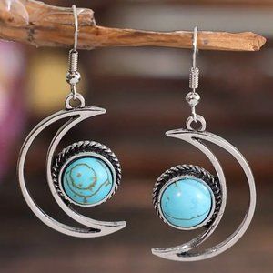 925 Silver Plated Boho Blue Turquoise Moon Drop Earrings - NEW